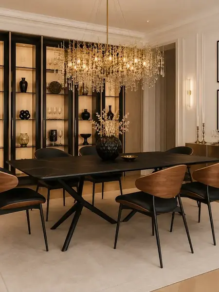 Designerskie Krzesło Wing – Drewno i Czarny Stelaż w ciemnym wnętrzu. Detal wykończenia od Primavera Home.