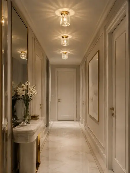 Lampa Sufitowa Kryształowa Stars S Złota w aranżacji nowoczesnego wnętrza. Oświetlenie od Primavera Home.