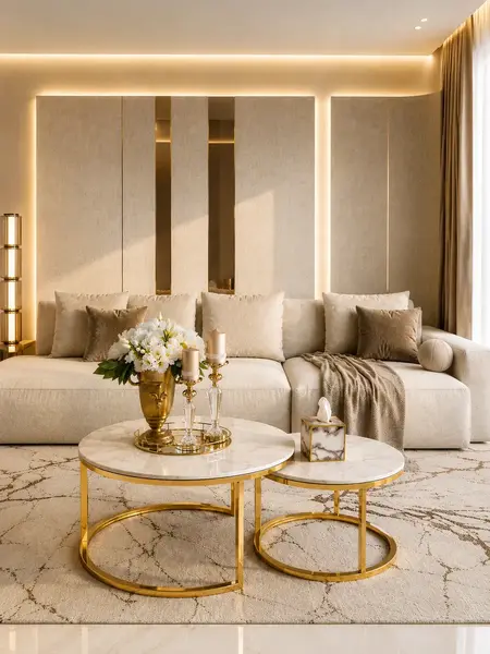 Stolik kawowy okrągły glamour, złoty, biały marmur MARCO GOLD jako część całego zestawu mebli w salonie. Meble na zamówienie od Primavera Home.