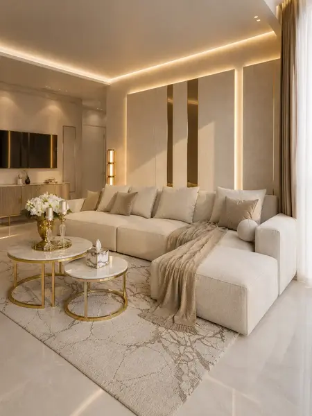 Stolik kawowy okrągły glamour, złoty, biały marmur MARCO GOLD z detalem blatu z konglomeratu. Detal wykończenia od Primavera Home.