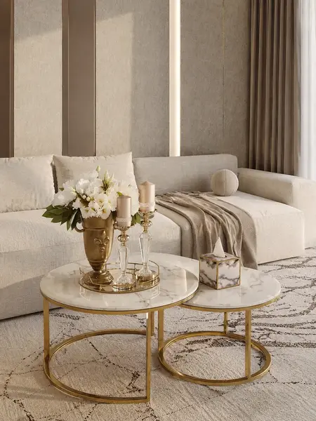 Stolik kawowy okrągły glamour, złoty, biały marmur MARCO GOLD w ekspozycji showroomowej. Ekspozycja w salonie od Primavera Home.