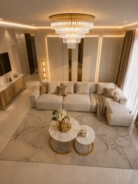 Stolik kawowy okrągły glamour, złoty, biały marmur MARCO GOLD w kontekście pomieszczenia. Aranżacja nowoczesnego wnętrza od Primavera Home.