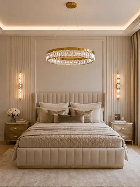 Złoty Żyrandol Kryształowy Bellini eksponowany w showroomie, prezentujący nowoczesny design. Oświetlenie na zamówienie od Primavera Home.