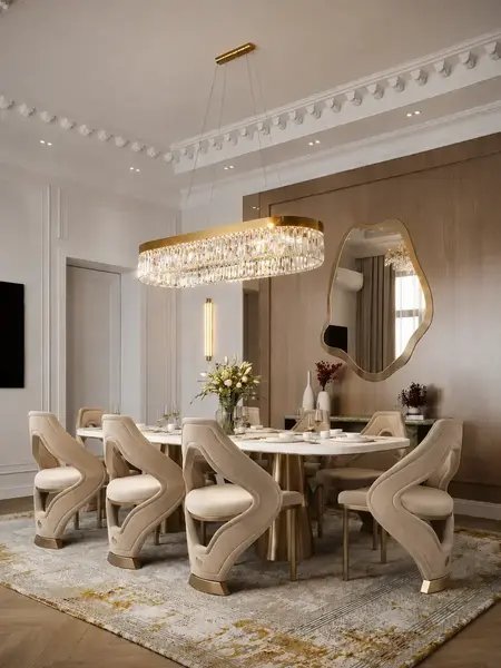Widok ilustrujący regulację wysokości Żyrandola Diamond Złoty 100 cm – Owalna Lampa Kryształowa. Ekspozycja w salonie od Primavera Home.