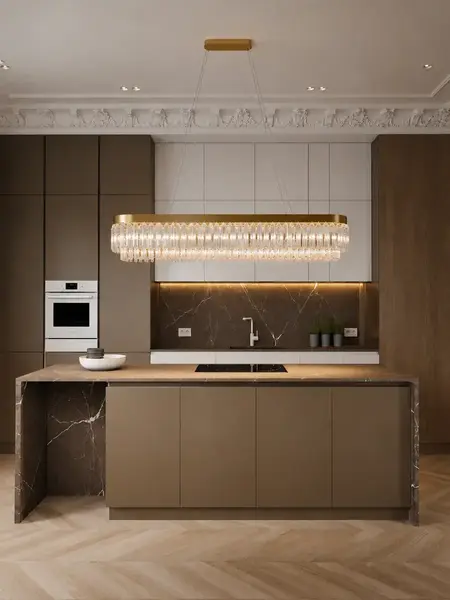 Żyrandol Diamond Złoty 100 cm – Owalna Lampa Kryształowa w jasnym wnętrzu. Aranżacja nowoczesnego wnętrza od Primavera Home.