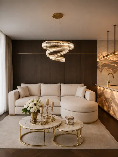 Widok z boku na aksamitny narożnik glamour półokrągły PARIS. Ekspozycja w salonie od Primavera Home.