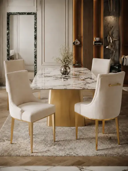 Perspektywa ukazująca Designer Italian-Style Chair in Beige and Gold BUBBLE w kontekście stylowego wystroju. Ekspozycja w salonie od Primavera Home.