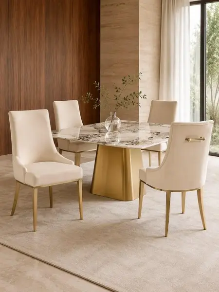 Designer Italian-Style Chair in Beige and Gold BUBBLE w ujęciu z przodu. Ekspozycja w salonie od Primavera Home.