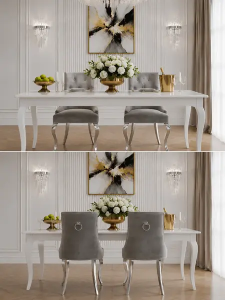 Krzesło pikowane w widoku z boku, idealne do eleganckiego wnętrza. Meble na zamówienie od Primavera Home.