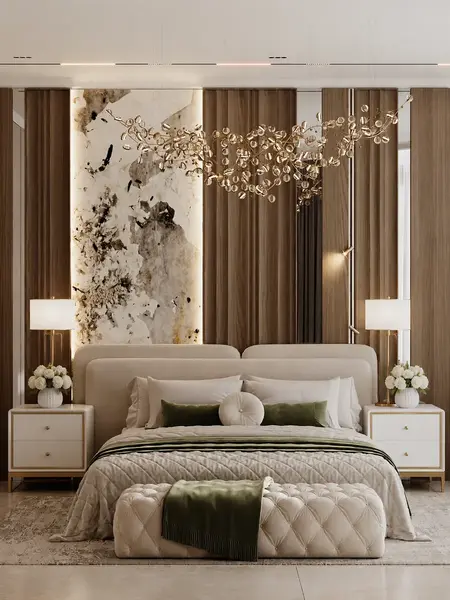 Ekskluzywne Łóżko Serena – Tapicerowane z Designerskim Wezgłowiem, szczegółowy widok na designerskie wezgłowie. Aranżacja nowoczesnego wnętrza od Primavera Home.
