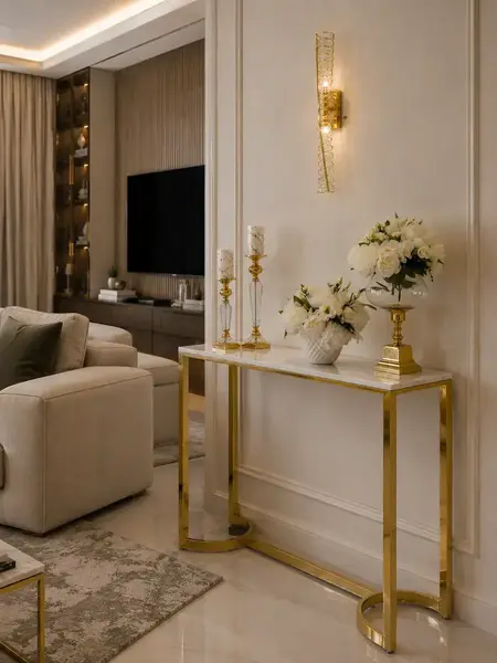 Konsola glamour, nowoczesna, złota biała marmur LOLA w eleganckim czarnym wnętrzu. Stylizacja od Primavera Home.