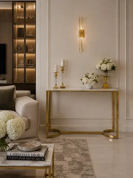 Stylizacja konsoli glamour, nowoczesnej, złotej białej marmur LOLA w eleganckim wnętrzu. Inspiracja od Primavera Home.