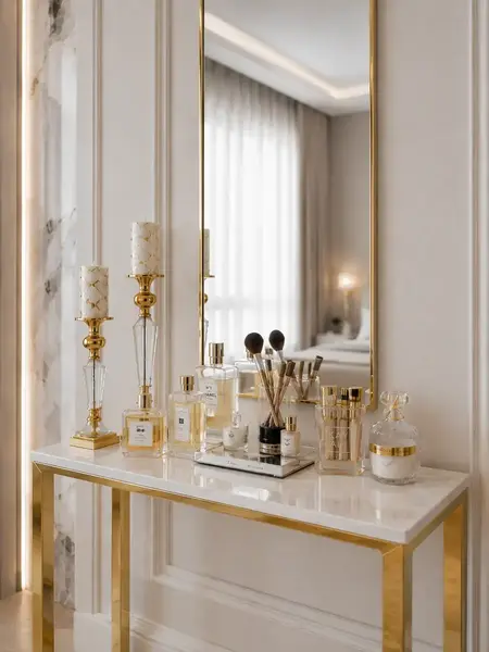 Konsola glamour, nowoczesna, złota biała marmur LOLA w jasnym wnętrzu. Inspiracja do aranżacji od Primavera Home.