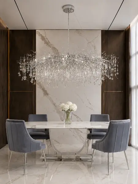 Lampa Kryształowa Nowoczesna Glamour Nad Stół w jasnym wnętrzu, tworząca elegancką atmosferę. Oferta Primavera Home.