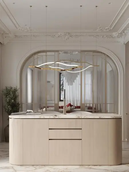 Złoty Żyrandol Nowoczesny Wave – Designerska Lampa Fala LED z bliska na detale kabla i mocowania. Oświetlenie na zamówienie od Primavera Home.
