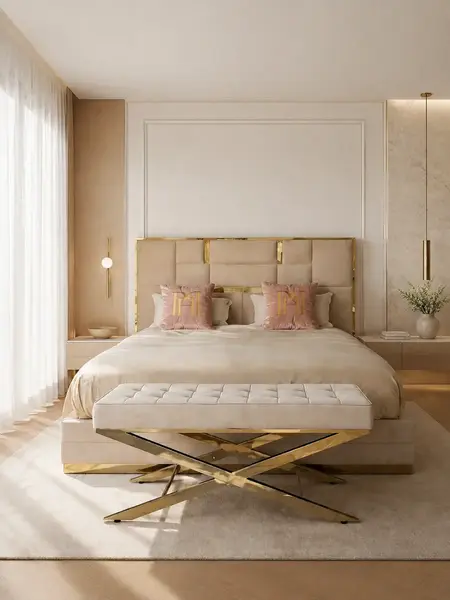 Pufa ustawiona w stylowych pokojach z widokiem z tyłu, idealna do ekspozycji w salonie. Oferta od Primavera Home.
