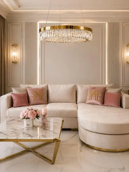 Widok na aksamitny narożnik glamour półokrągły PARIS z perspektywy. Meble na zamówienie od Primavera Home.