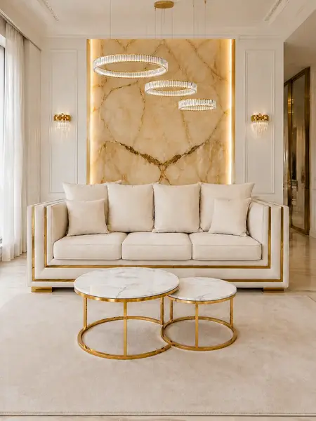 Złota Sofa Rozkładana Palace – Nowoczesna i Ekskluzywna w zbliżeniu, prezentująca jakość tkaniny, dostępna w Primavera Home.