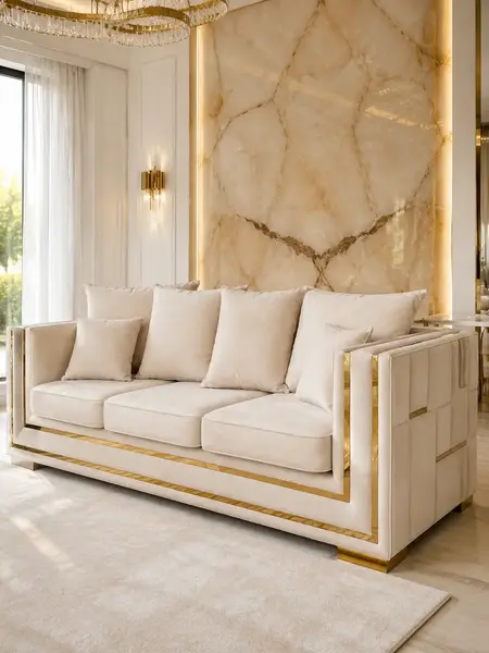 Złota Sofa Rozkładana Palace – Nowoczesna i Ekskluzywna w perspektywie bocznej, idealna do nowoczesnego wnętrza z firmy Primavera Home.
