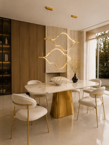 Złoty Żyrandol Nowoczesny Wave – Designerska Lampa Fala LED w jasnym wnętrzu, dodająca blasku przestrzeni. Oświetlenie na zamówienie od Primavera Home.