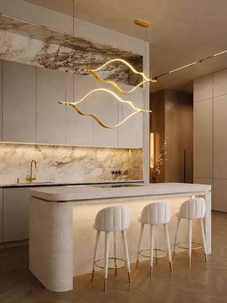 Złoty Żyrandol Nowoczesny Wave – Designerska Lampa Fala LED w perspektywie bocznej, podkreślająca jego elegancki kształt. Oświetlenie na zamówienie od Primavera Home.