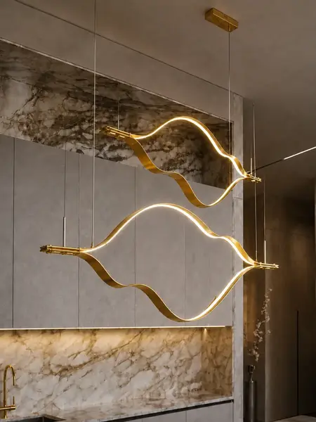 Złoty Żyrandol Nowoczesny Wave – Designerska Lampa Fala LED uchwycona z bliska, eksponująca detale konstrukcji. Oświetlenie na zamówienie od Primavera Home.