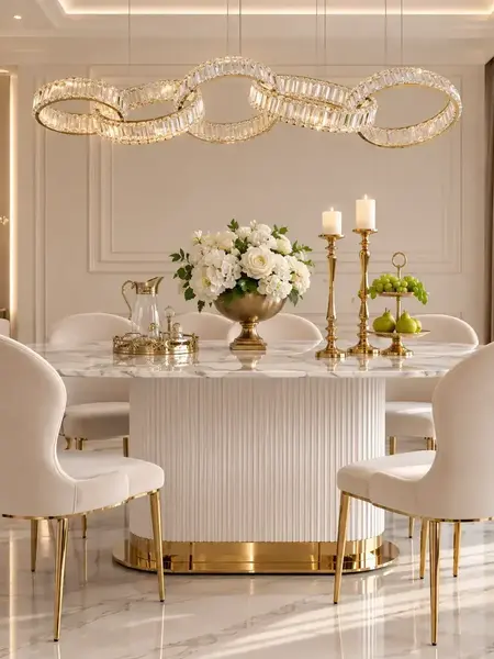 Żyrandol CRYSTAL 5 Złoty w jasnym wnętrzu. Unikalny design od Primavera Home.