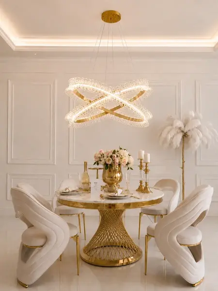 Żyrandol Kryształowy Brina XL Glamour Złoty – Luksusowa Lampa Wisząca dwupoziomowa w aranżacji nowoczesnego salonu. Ekspozycja w salonie od Primavera Home.