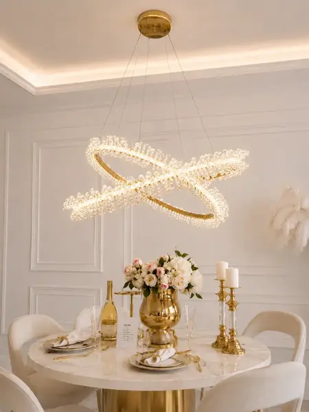 Detail of Żyrandol Kryształowy Brina XL Glamour Złoty – Luksusowa Lampa Wisząca dwupoziomowa, ukazujący precyzyjne wykończenie. Meble na zamówienie od Primavera Home.