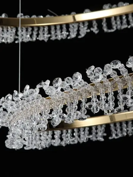 Rysunek projektowy Żyrandol Kryształowy Brina XL Glamour Złoty – Luksusowa Lampa Wisząca dwupoziomowa, ukazujący wymiary i styl. Meble na zamówienie od Primavera Home.
