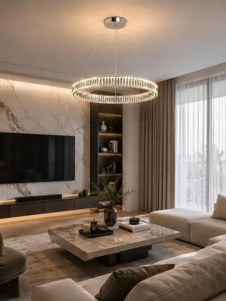 Detal wykończenia Żyrandola Kryształowego Crystal Srebrnego Glamour. Aranżacja nowoczesnego wnętrza od Primavera Home.