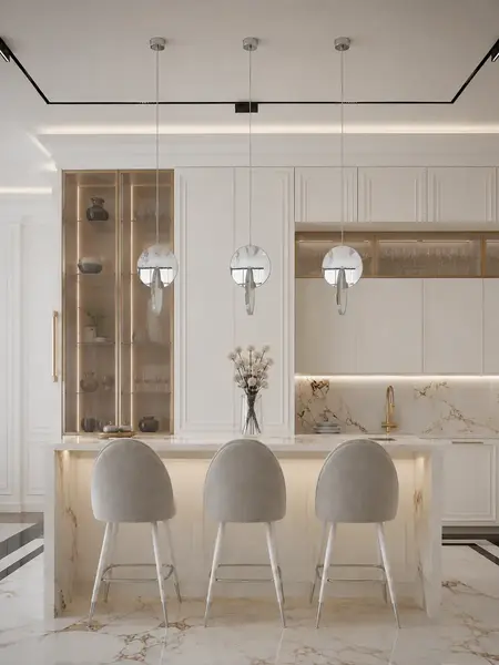 Widok całego zestawu z Żyrandolem Planet Srebrny Glamour w nowoczesnej kuchni. Ekspozycja w salonie od Primavera Home.