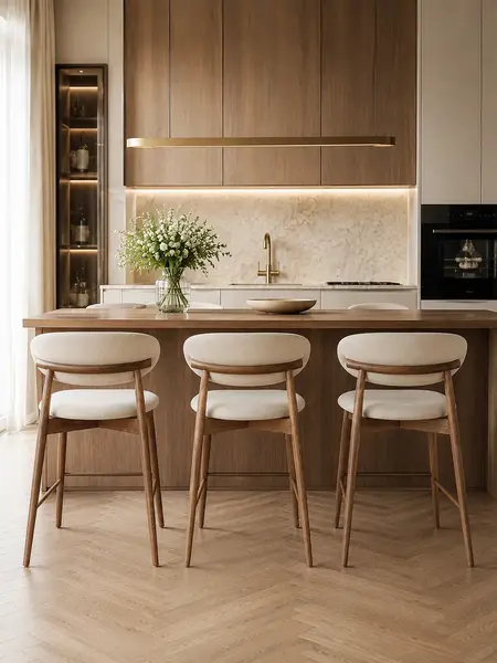 Zbliżenie na detale Designerskiego Hokera Drewnianego Olivia – Krzesło Barowe od Primavera Home.