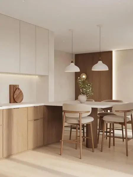 Designerski Hoker Drewniany Olivia – Krzesło Barowe w ciepłym świetle od Primavera Home.