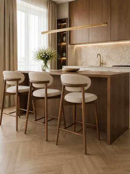 Designerski Hoker Drewniany Olivia – Krzesło Barowe w jasnym wnętrzu od Primavera Home.