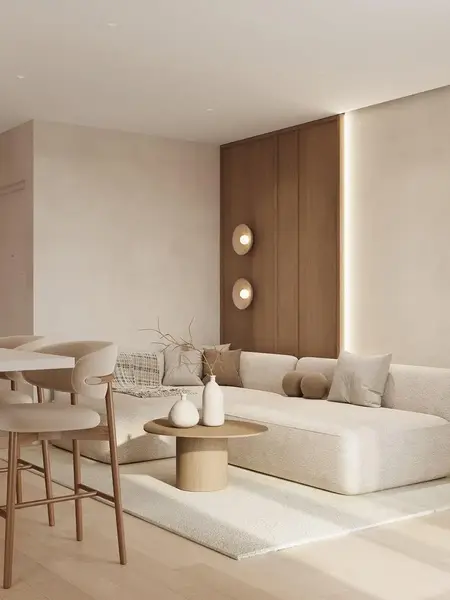 Widok w tle nowoczesnego wnętrza z Designerskim Hokerem Drewnianym Olivia – Krzesło Barowe od Primavera Home.