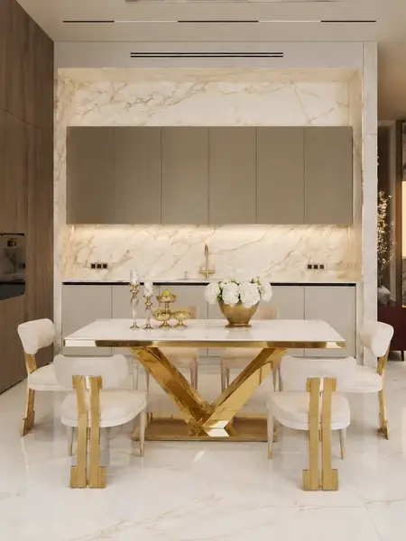 Detal materiałów użytych w ekskluzywnym stole glamour do jadalni, nowoczesnym, z białym konglomeratem, złoty LV COLLECTION.
