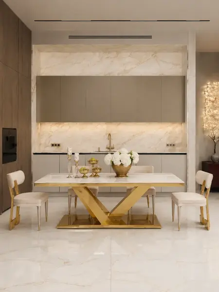 Ekspozycja w showroomie z ekskluzywnym stołem glamour do jadalni, nowoczesnym, z białym konglomeratem, złoty LV COLLECTION.