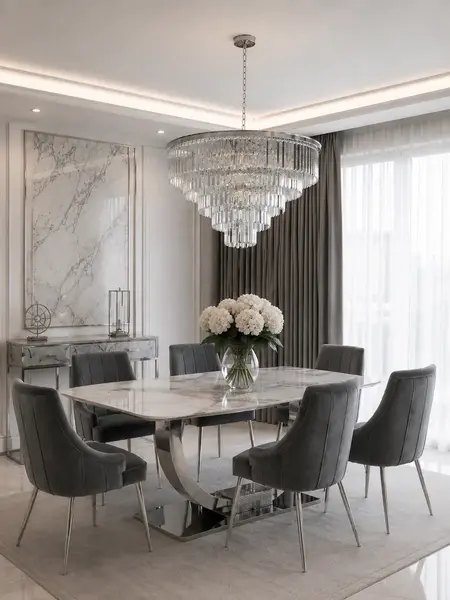 Kryształowy żyrandol okrągły, nowoczesny lampa wisząca, srebrny GLAMOUR M w aranżacji nowoczesnego wnętrza. Ekspozycja w salonie od Primavera Home.
