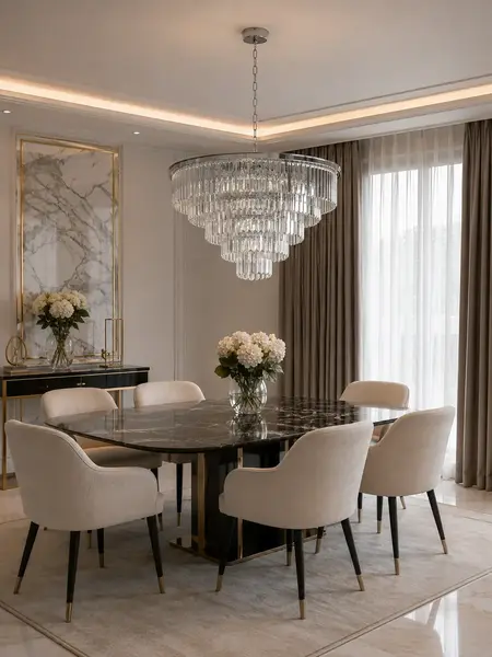 Kryształowy żyrandol okrągły, nowoczesny lampa wisząca, srebrny GLAMOUR M w perspektywie. Detal wykończenia od Primavera Home.