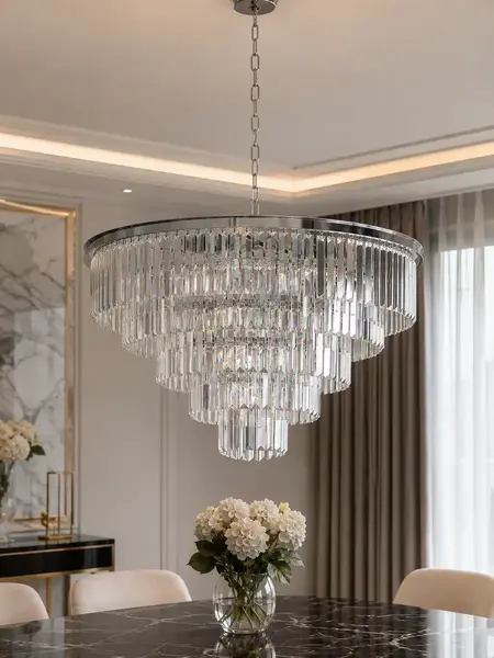 Kryształowy żyrandol okrągły, nowoczesny lampa wisząca, srebrny GLAMOUR M pokazany z boku. Ekspozycja w salonie od Primavera Home.