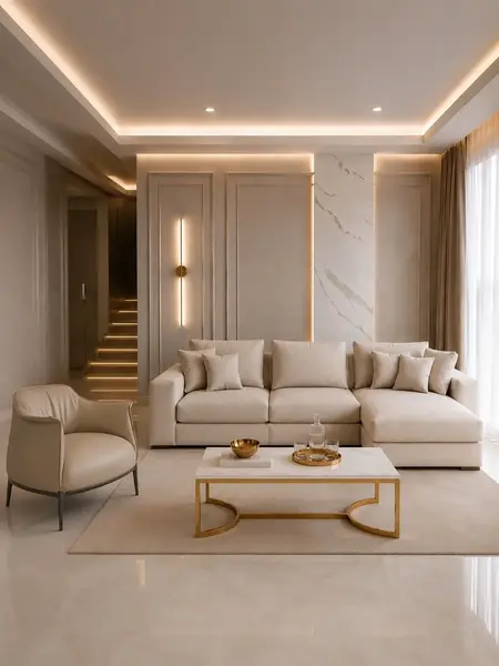 Ekspozycja nowoczesnego wygodnego fotela luksusowego do salonu z podnóżkiem MODERN w showroomie. Meble na zamówienie od Primavera Home.