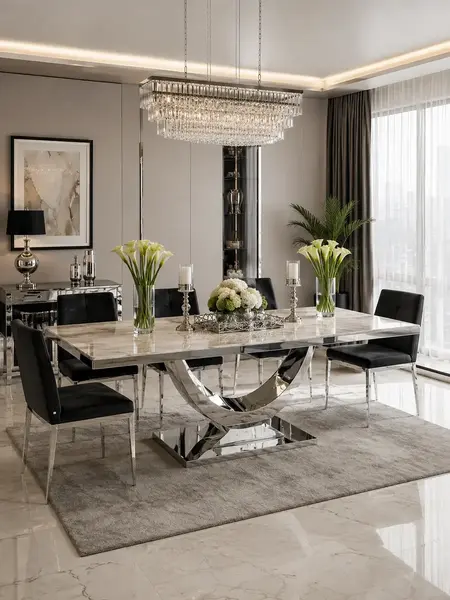 Zbliżenie na powierzchnię szklanego blatu stołu glamour, dostępnego w Primavera Home.