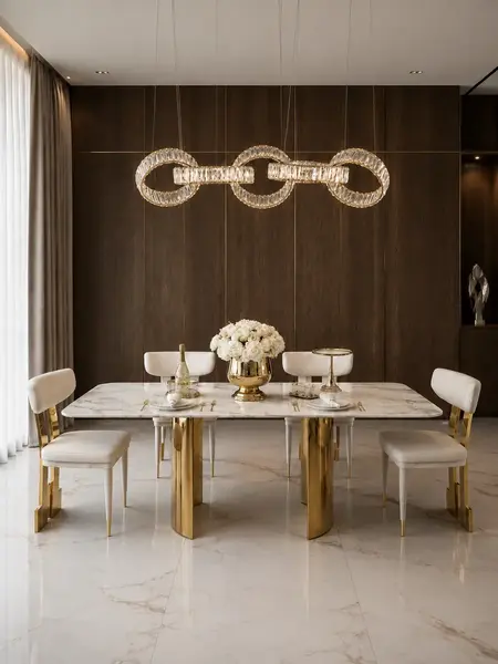Zbliżenie na blat z białego marmuru stołu glamour ROKSI, ukazujące jego elegancję i styl, meble na zamówienie od Primavera Home.