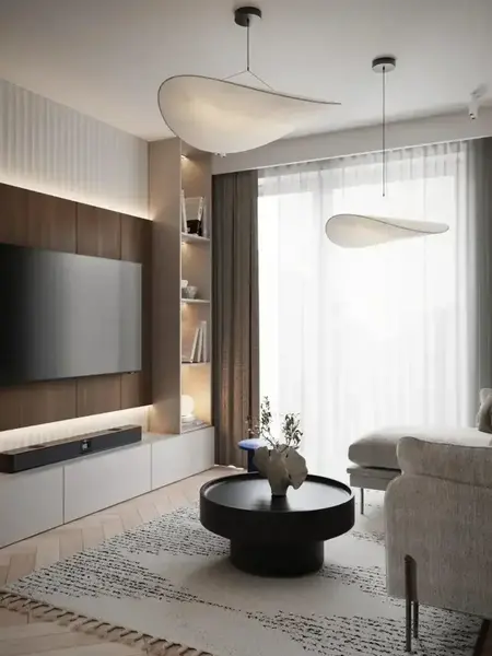 Sylwetka designerskiego nowoczesnego żyrandola papierowego lekkiego do jadalni CLOUD w minimalistycznym wnętrzu od Primavera Home.