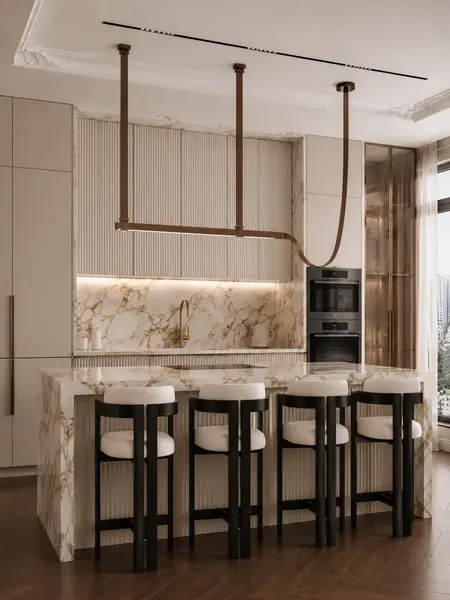 Żyrandol nowoczesny designerski ekosóra pasy brązowy Cosmopolitan w aranżacji nowoczesnego wnętrza salonu. Wnętrze od Primavera Home.