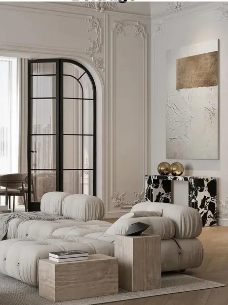 Członki całego zestawu z designerskim narożnikiem modułowym boucle NICEA w eleganckim wnętrzu. Meble na zamówienie od Primavera Home.