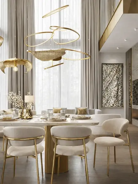 Zbliżenie na tkaninę Designerskiego Krzesła Julia – Złoto i Beż. Ekspozycja w eleganckim wnętrzu od Primavera Home.