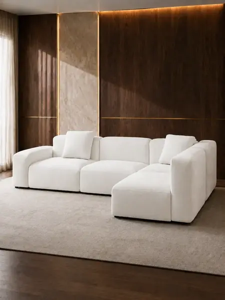 Ekskluzywny narożnik, nowoczesny, designerski, sofa narożna MODERNO w aranżacji w salonie. Nowoczesny design podkreślony przez wyjątkowe wnętrze od Primavera Home.