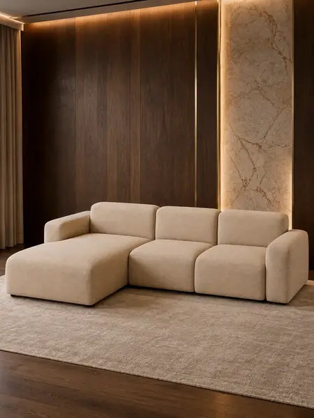 Ekskluzywny narożnik, nowoczesny, designerski, sofa narożna MODERNO na ekspozycji w showroomie. Przykład idealnej aranżacji nowoczesnego wnętrza od Primavera Home.
